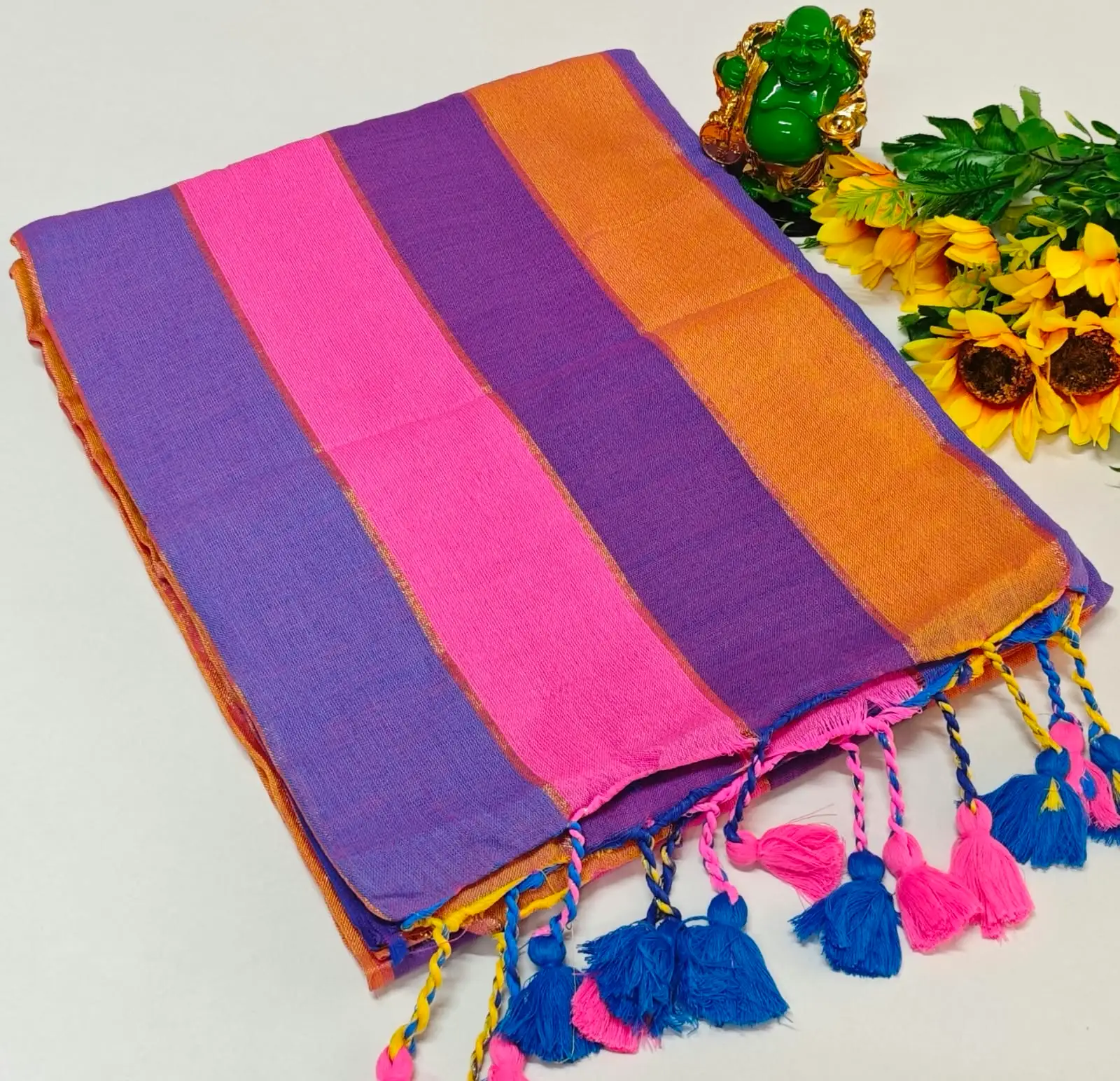 Rainbow Stripe Slub Khadi Cotton Saree